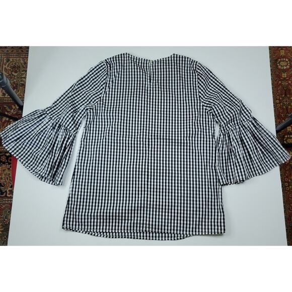 CALVIN KLEIN Women’s Black/White Gingham Bell Sleeve Blouse Keyhole Back Size M - Picture 7 of 8